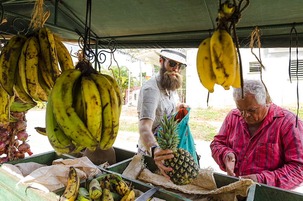 Man with beard buying fruit from market stall, Vinales, Pinar del Rio Province, Cuba