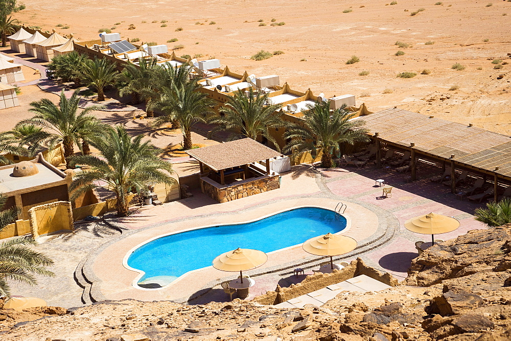 Aerial view of pool at Bait Ali Camp, a traditional Bedouin Arabic camp in Wadi Rum Village, Aqaba Governorate, Jordan