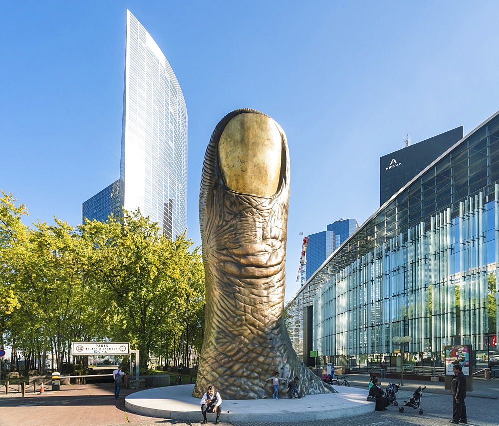 Cityscape of Paris with Le Pouce, thumb sculpture, La Defense, Paris, France