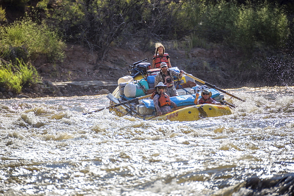 Men and women rafting on rushing Green River in Desolation Canyon, Utah, USA