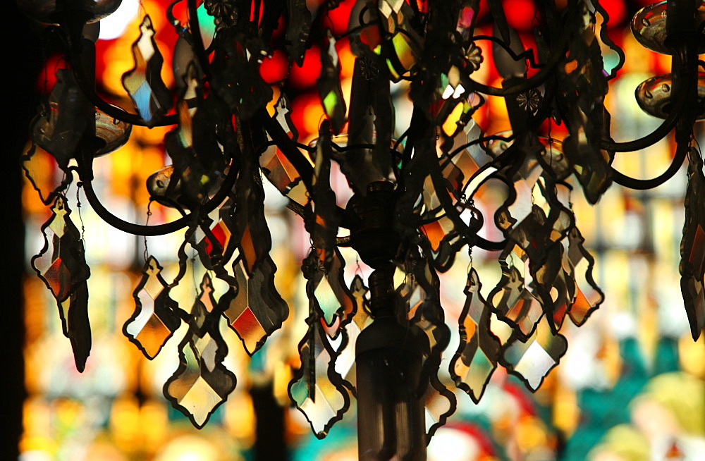 Close up of chandelier against blurred background in San Sebastian Church, only all-steel church in Asia, Manila, Philippines