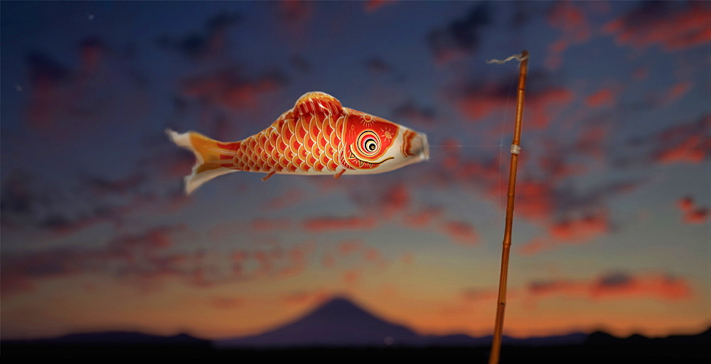 Carp streamer (koinobori) to celebrate children's festival on may 5 in front of Mount Fuji at sunset, Tokyo, Japan