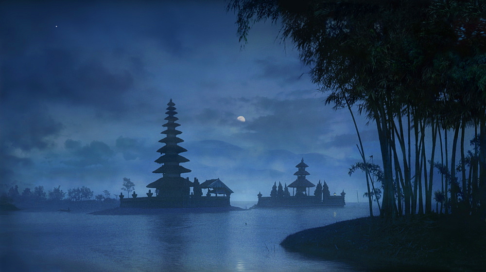 Night view of moon over Ulu Danu temple in Lake Bratan, Bedugul, Bali Indonesia