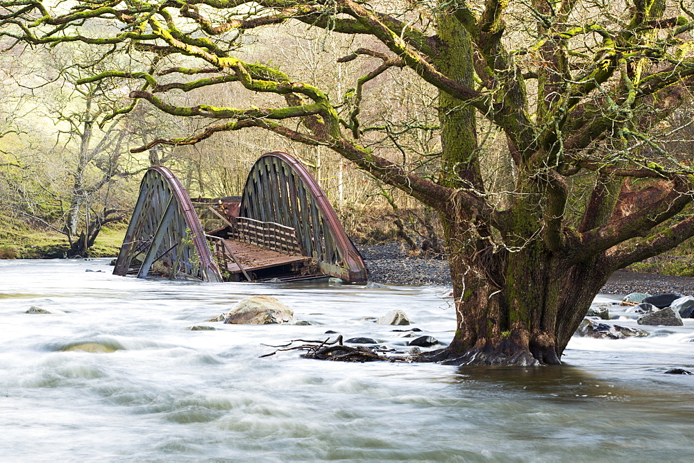 On Saturday 5th December 2015, Storm desmond crashed into the UK, producing the UK''s highest ever 24 hour rainfall total at 341.4mm. It flooded many towns including Keswick. This shots shows one of two railway bridges on the old Keswick railway line that were completely destroyed by the floods. It also shows a tree, now sat in the middle of the river, that used to be growing on the river bank. The force of water was such that it has scoured out huge areas of banking and realigned the river in places.'