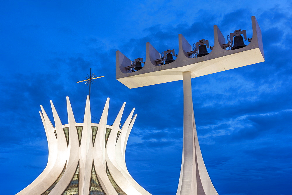 Brasilia Cathedral exterior with bell tower at dusk, Brasilia, Brazil