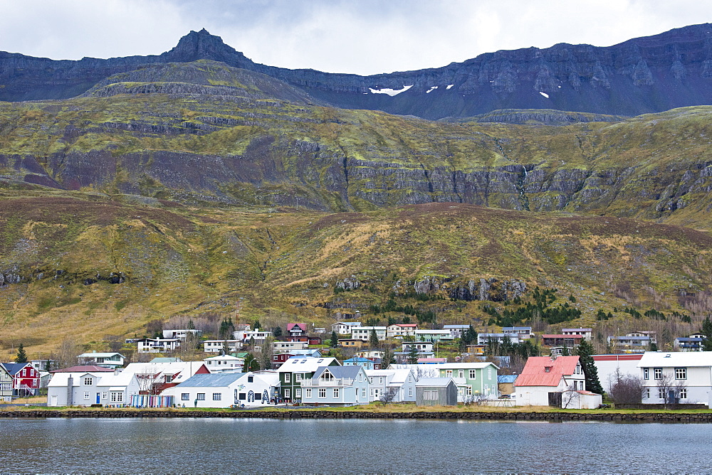 Scenic view of small coastal town along shore of oceanic fjord with grassy mountain in background, Seydisfjordur, Iceland