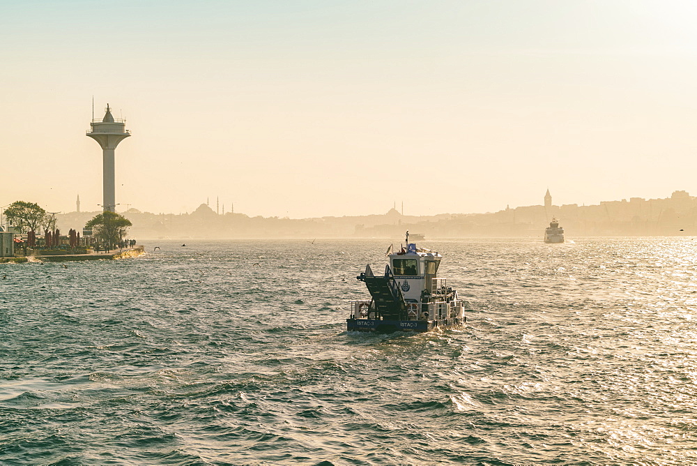 Marmora sea late afternoon with ships sailing near Uskudar and Besektas, Istanbul, Turkey