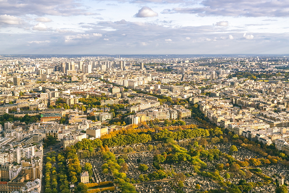 View of Paris from Montparnasse Tower with Montparnasse Cemetery in the foreground and the 13th and 14th Arrondissement in the background, France