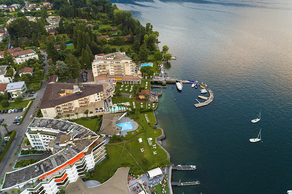 Aerial view of Ascona town promenade on Lake Maggiore, Locarno, Canton Ticino, Switzerland