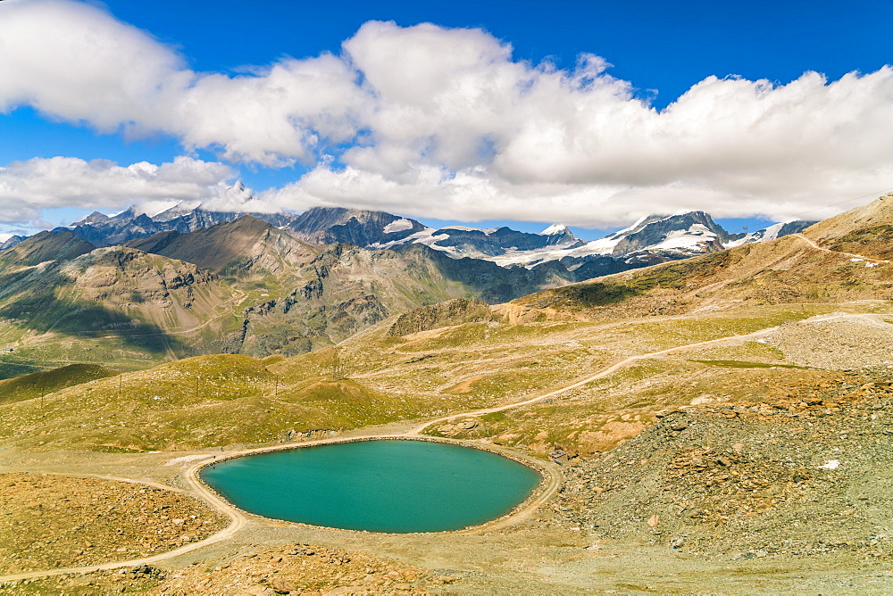 Mountainscape with lake, Rotenboden, Gornegrat summit and Matterhorn summit in background, Â Zermatt, Valais, Switzerland