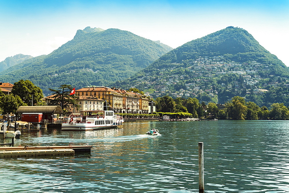 Landscape with village and ship dock at Lucerne Lake, Lucerne, Â Nidwalden, Switzerland