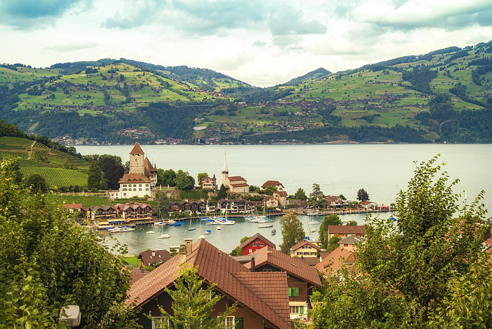 Landscape withÂ ThunÂ Lake andÂ SpiezÂ village, Bern, Switzerland