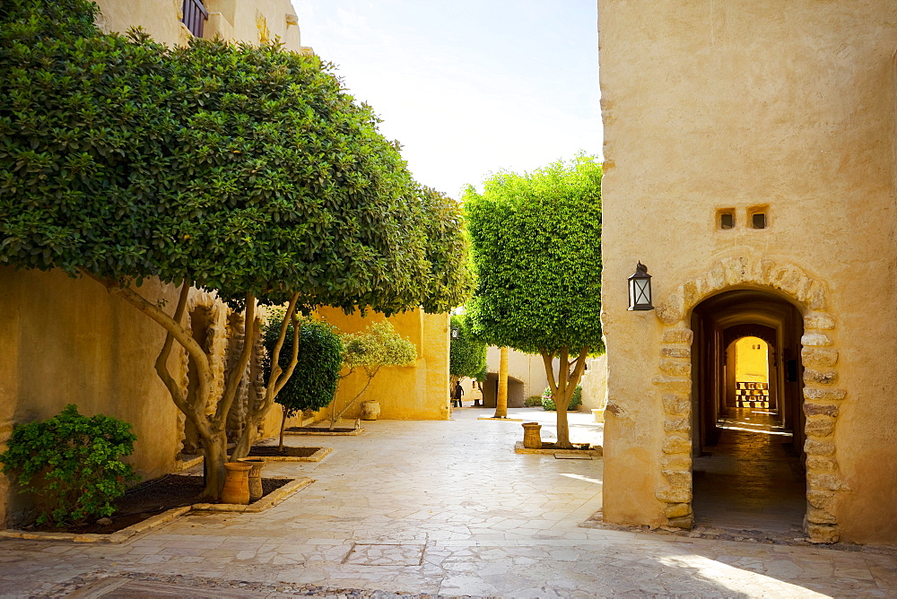 Footpath, trees and buildings in resort near Dead Sea, Madaba Governorate, Jordan