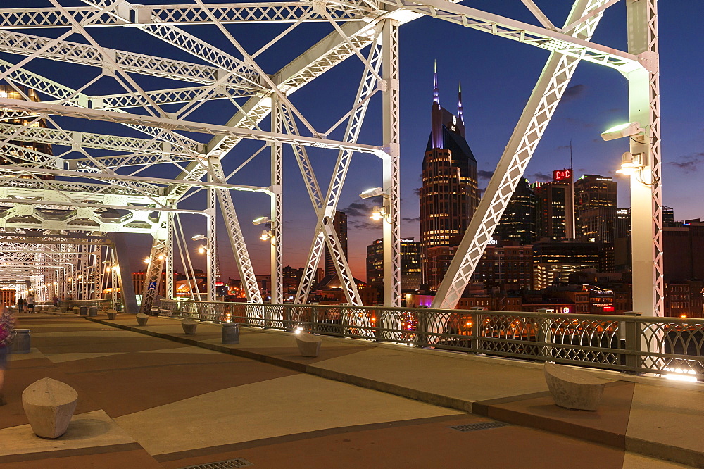 Illuminated Shelby Street Pedestrian Bridge at dusk, Nashville, Tennessee, USA