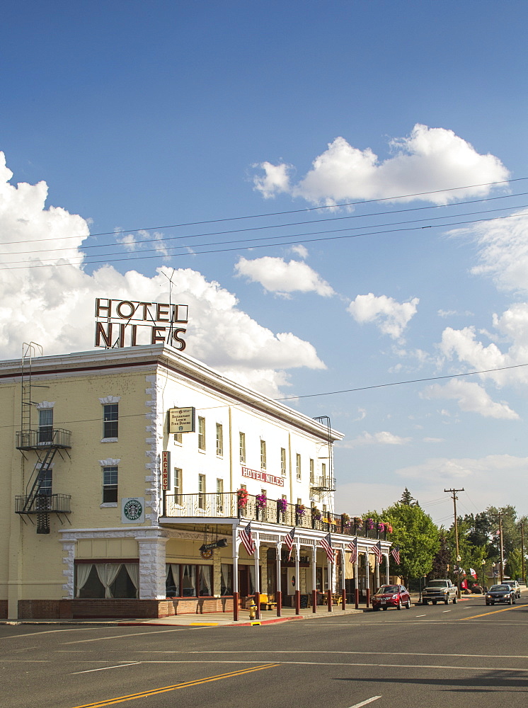 View of exterior of hotel on street, Alturas, California, USA