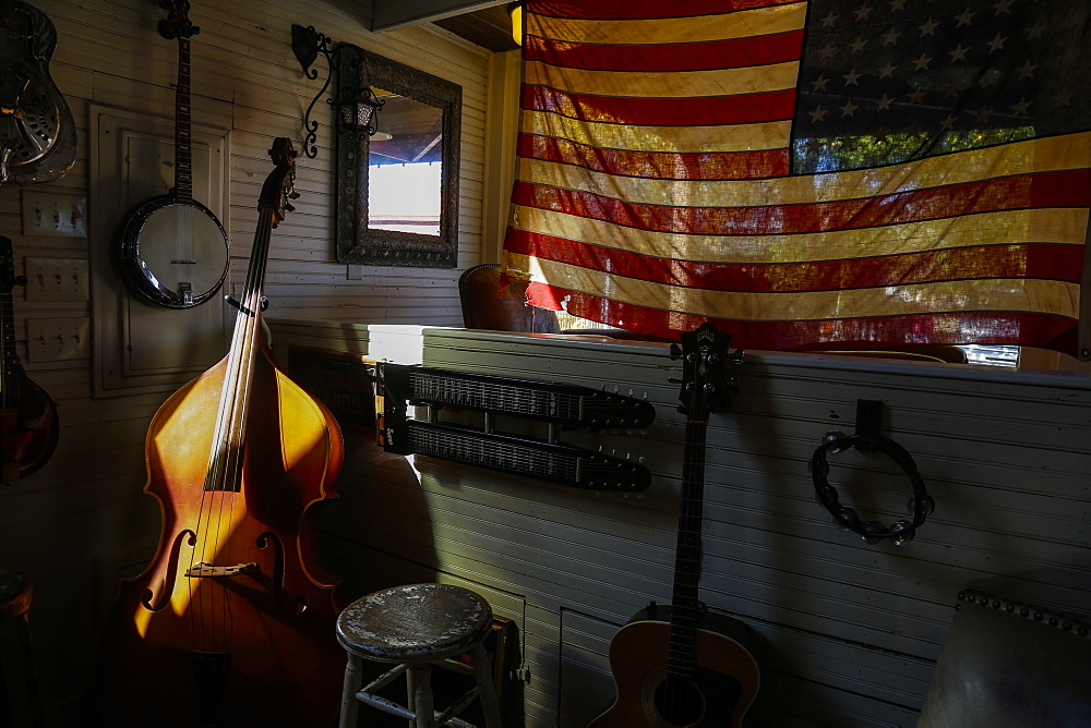 View of stage in bar with musical instruments in Nashville, Tennessee, USA