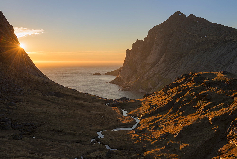 Beautiful natural scenery with valley above Bunes beach at sunset, Moskenesoya, Lofoten Islands, Norway