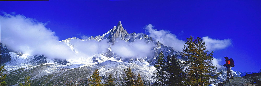 Panoramic of high mountain peaks in the Alps.