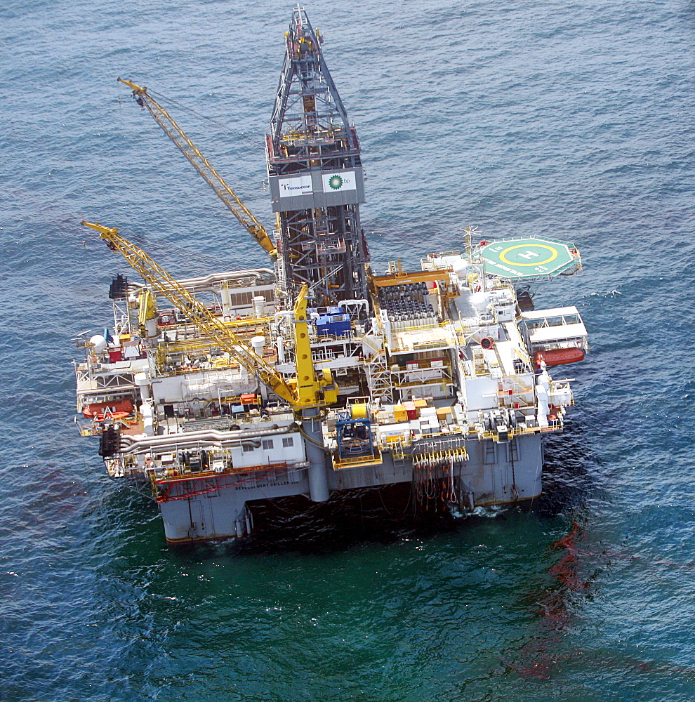 Aerial view of the Development Driller III, which is drilling a relief well at the site of the Deepwater Horizon oil spill, is surrounded by oily water in the Gulf of Mexico, off the coast of Louisiana. the source of the growing oil spill in the Gulf of M