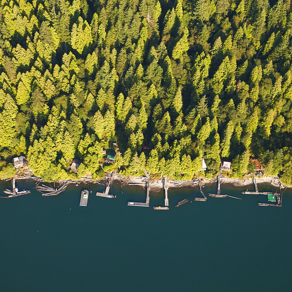 Looking down on a row of waterfront cabins that line the shores of Pitt Lake in British Columbia, Canada.