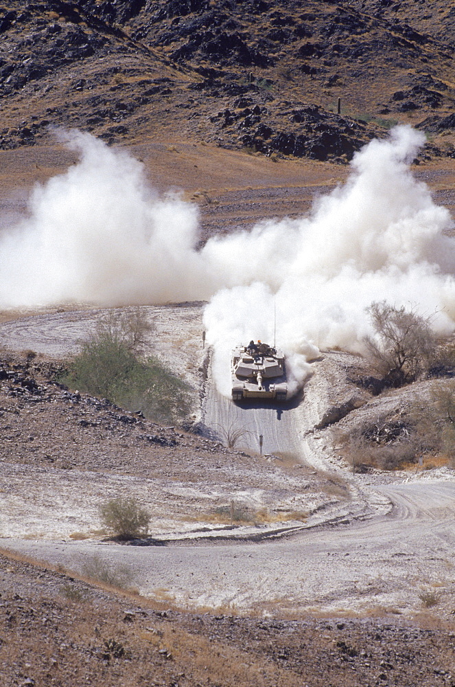 Tank Hills course at the US Army Yuma Proving Ground. Testing M1-A1 Abrams tanks on the course, as well as tests for engine components, tank treads, new designs, etc. Also testing performance on the Dust course where they test for performance under dusty conditions.