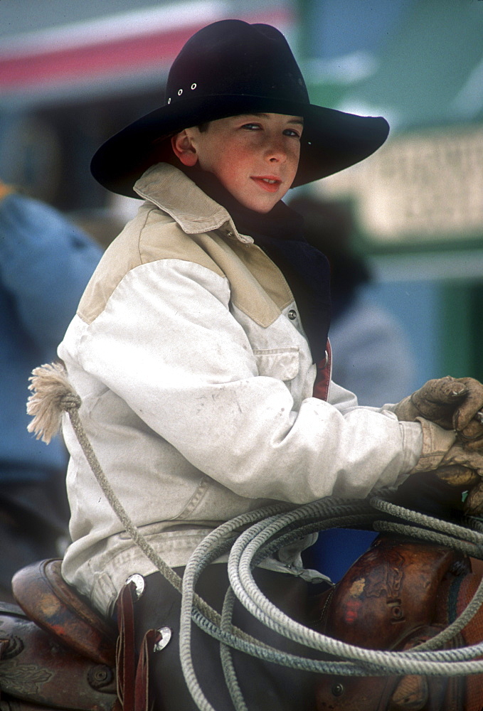 A young cowboy at the annual Winter Carnival held in Steamboat Springs, Colorado.