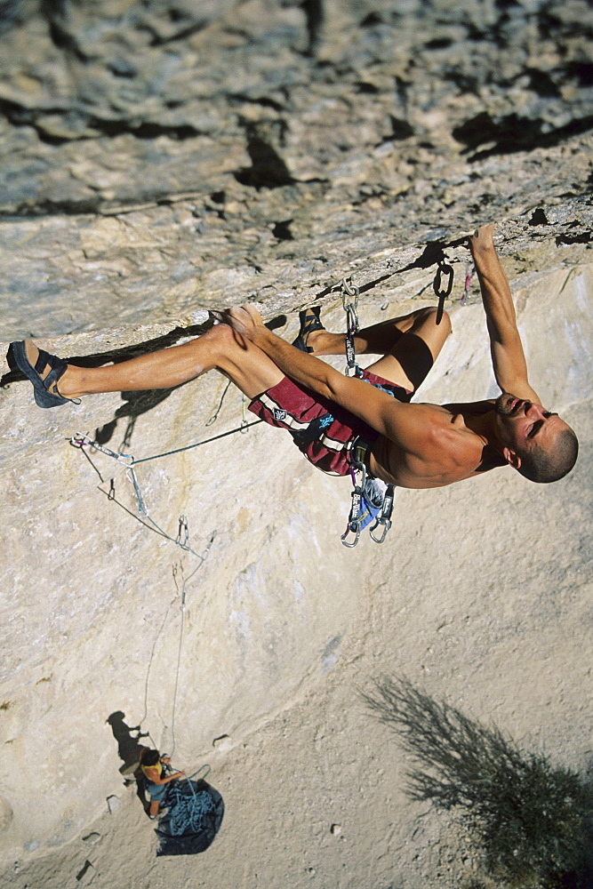 Joe Brooks climbs Free At Last, 5.13b, at Mt. Charleston, near Las Vegas, NV.