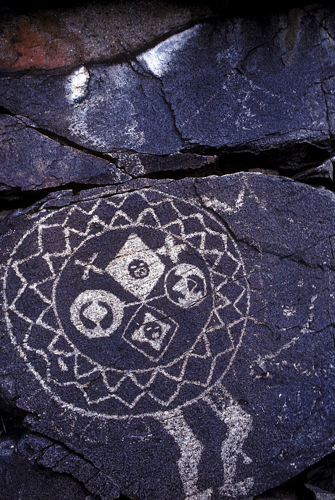 Prehistoric Indian petroglyphs on a volcanic ridge in the Galesteo Basin near Santa Fe, New Mexico