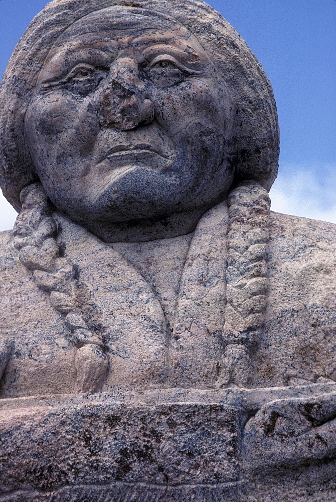 Vandalized Indian monument on an Indian Reservation, South Dakota