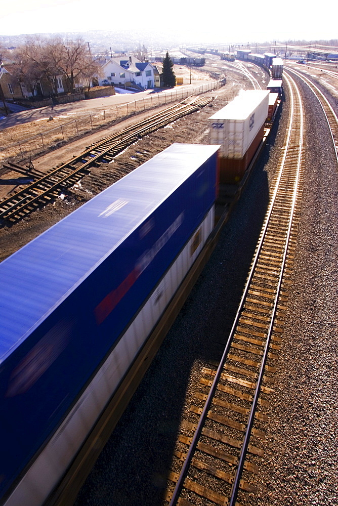 Freight train photographed from above on its way through Rock Springs, WY.