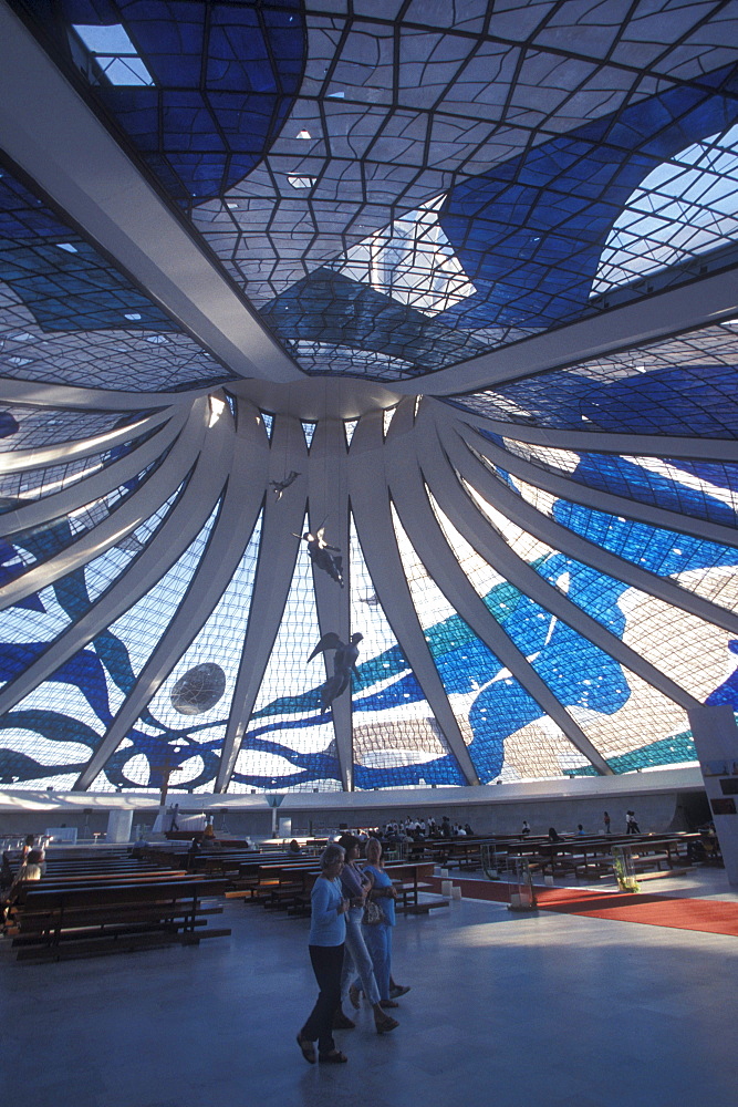 Interior of the modern Metropolitan Cathedral in Brasilia, the futuristc capital of Brazil.