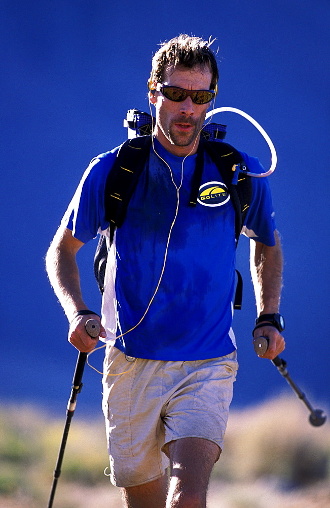 Russ McBride, all geared up for endurance training in the Buttermilks outside of Bishop, california