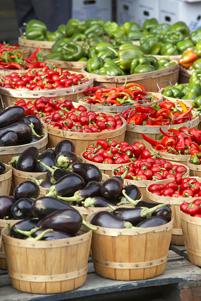 Bins of vegetables at a farmers market in Montreal, Canada.