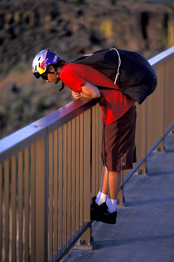 BASE jumper looks over a bridge in Twin Falls, Idaho.