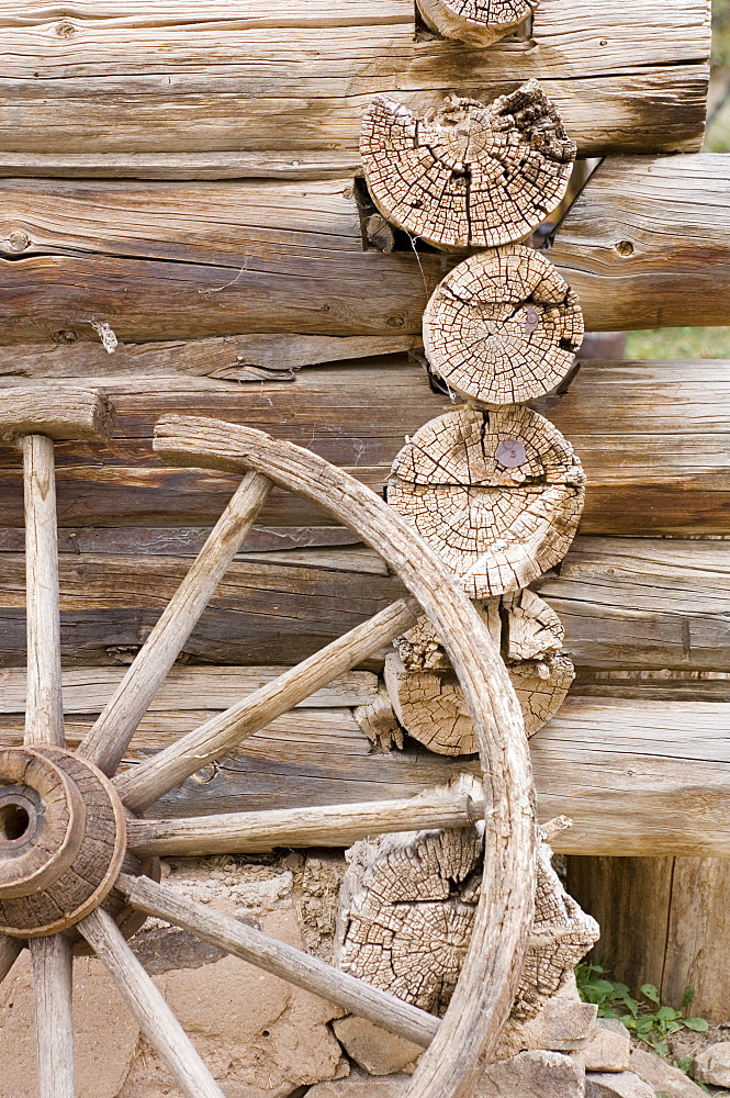 a detail of a log built blacksmith shop in new Mexico