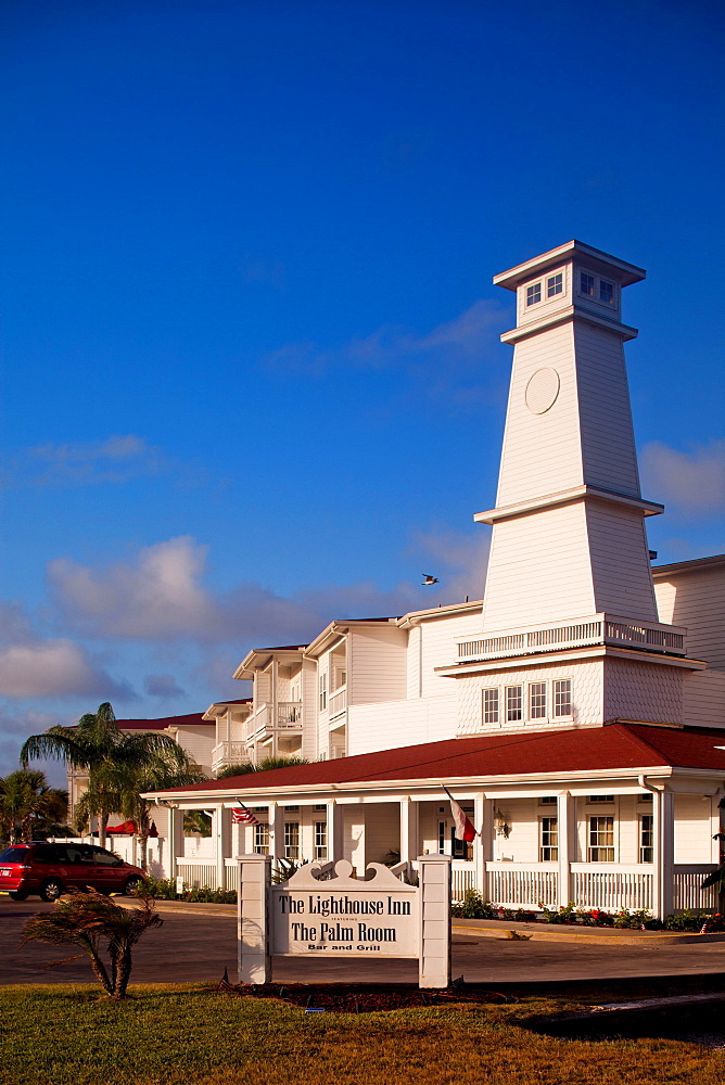 ROCKPORT, TEXAS, USA. A hotel that looks like a lighthouse during the middle of the afternoon.