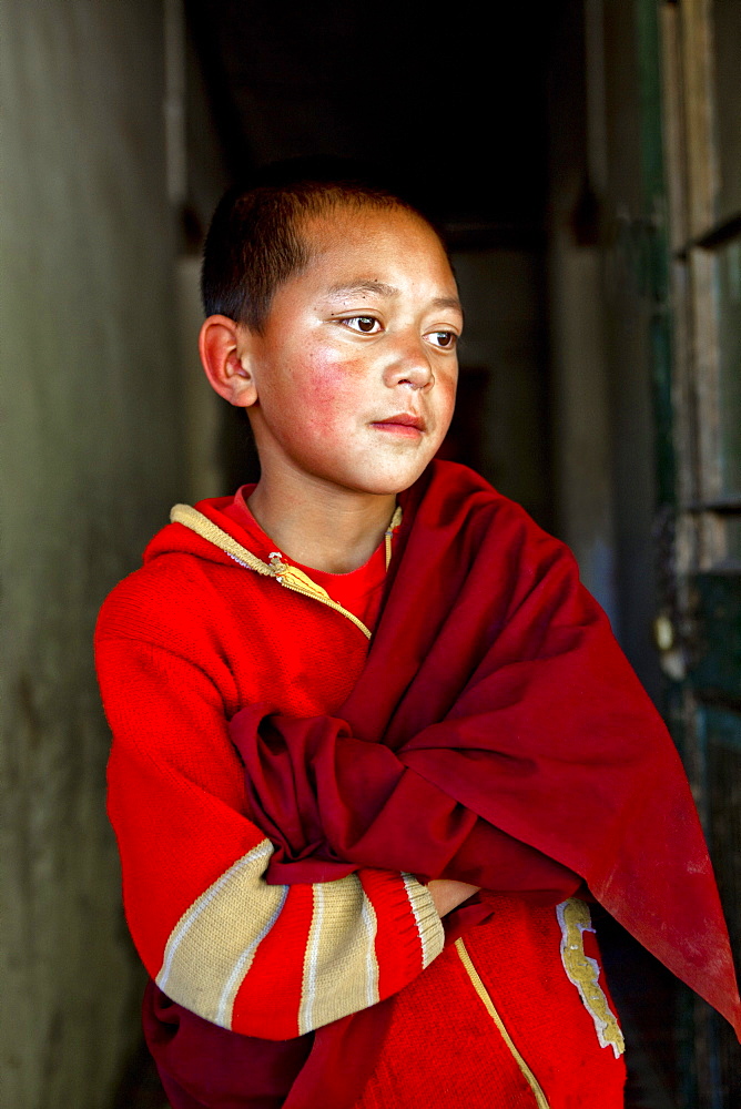 India, Jammu and Kashmir, Ladakh. A portrait of a novice monk of The Drukpa Kagyud Primary School. The school is part of Hemis Buddhist Monastery located 45 kilometers from Leh in Ladakh, Northern India.