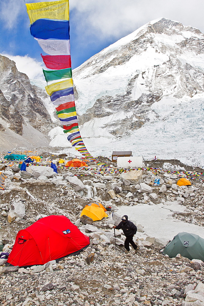 View of Everest Base Camp and a man walking