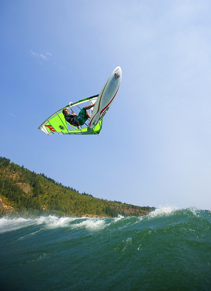 Windsurfer airs it out at the Spring Creek Fish Hatchery, WA.