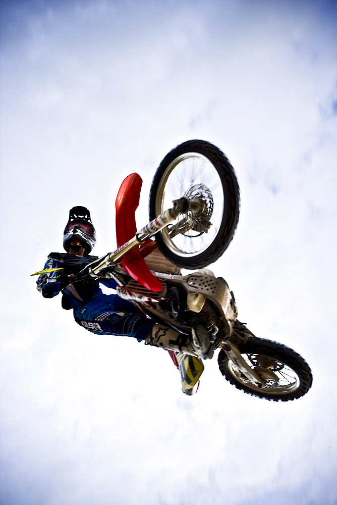 A motocross biker flies through the sky in Brainerd, Minnesota.