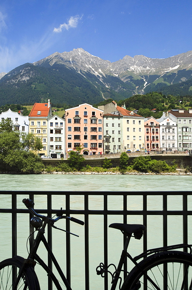 A summer view of the Inn river and the old town. Innsbruck, Austria.