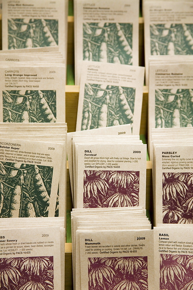 Packets of organic herb and vegetable seeds at the annual Vancouver Seedy Saturday seed exchange and sale.