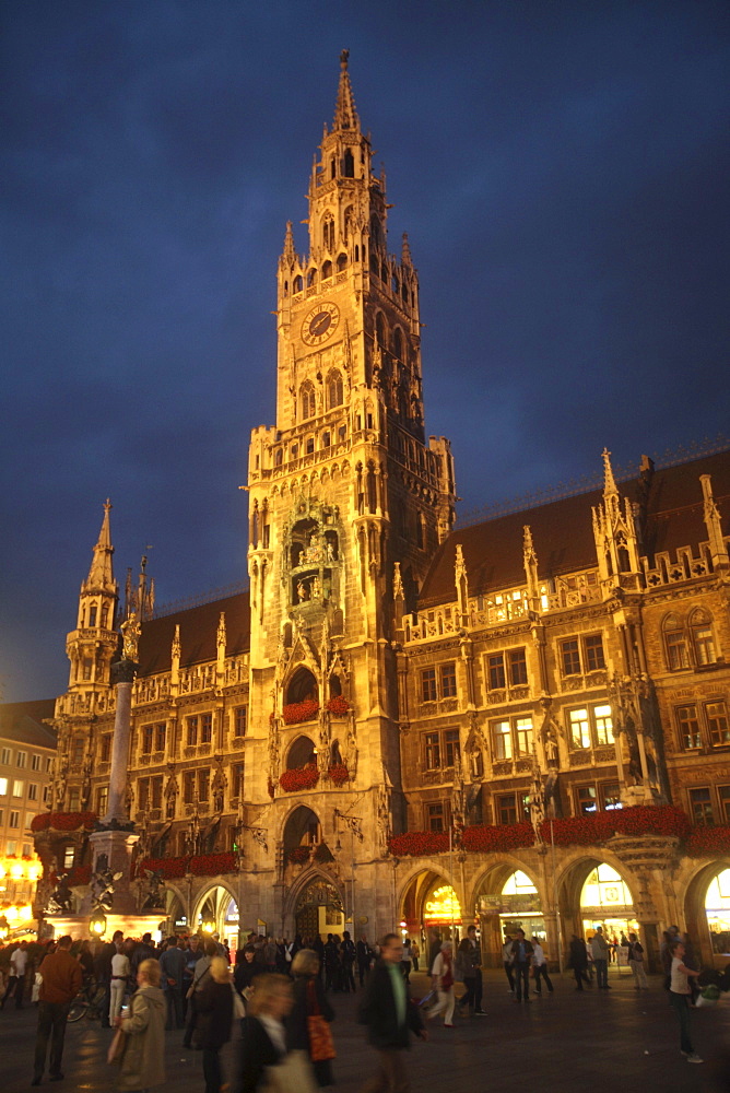 The Glockenspiel at dusk in Munich, Bavaria, Germany.