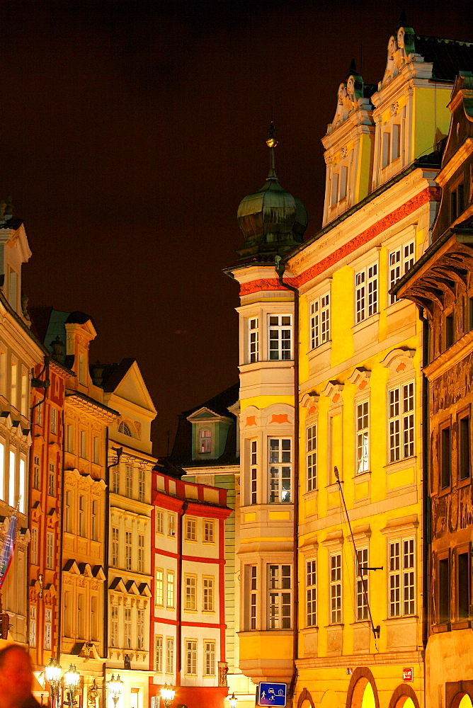 Staromestske namesti, an old town square in the historic section of Prague at night.