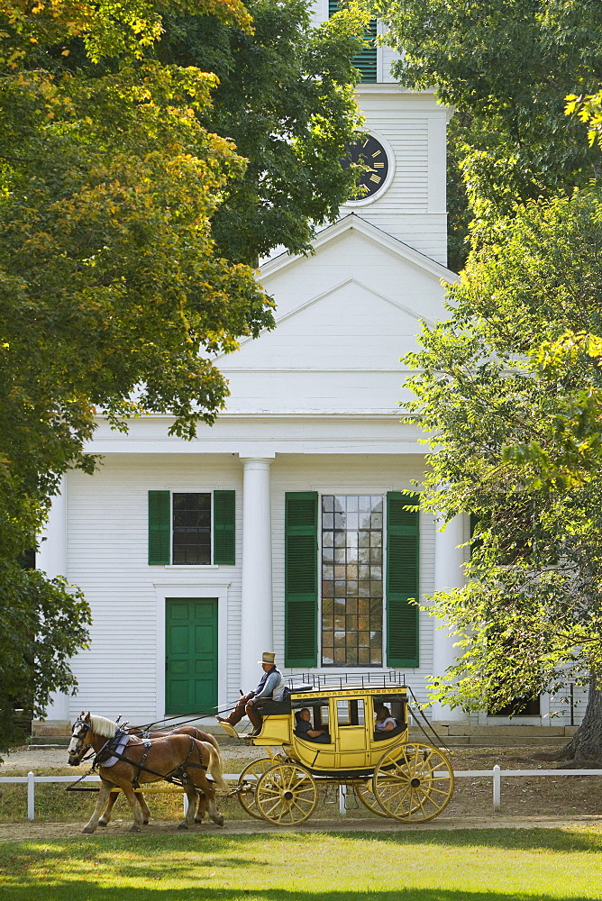 A living museum recreating colonial life in New England, Old Sturbridge Village in Sturbridge, features an authentic stagecoach from the period which visitors can ride..