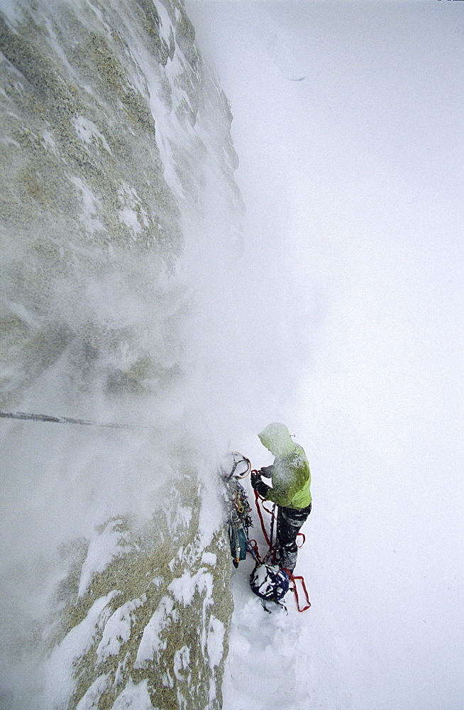 Katy Holm sorts gear at the base Cerro Pollone in Argentine Patagonia. January 2005