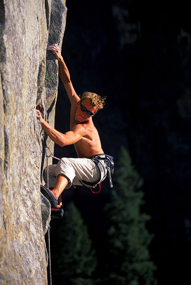Leo Houlding climbing the West Face of Leaning Tower in Yosemite National Park, California.