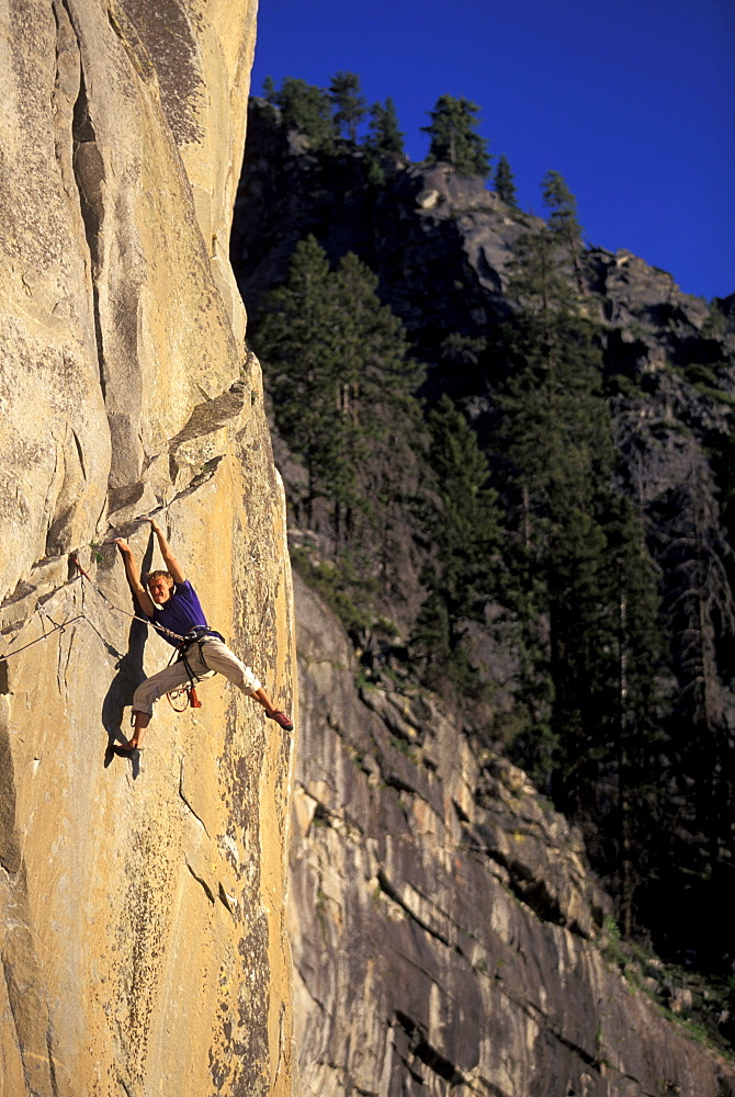 Leo Houlding climbing the West Face of Leaning Tower in Yosemite National Park, California.