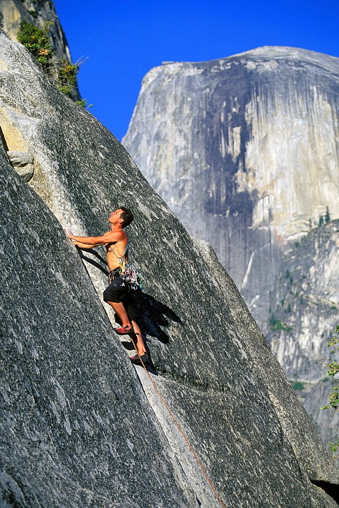 Justin Bastien climbing Royal Arches 5.8 in Yosemite National Park, California.