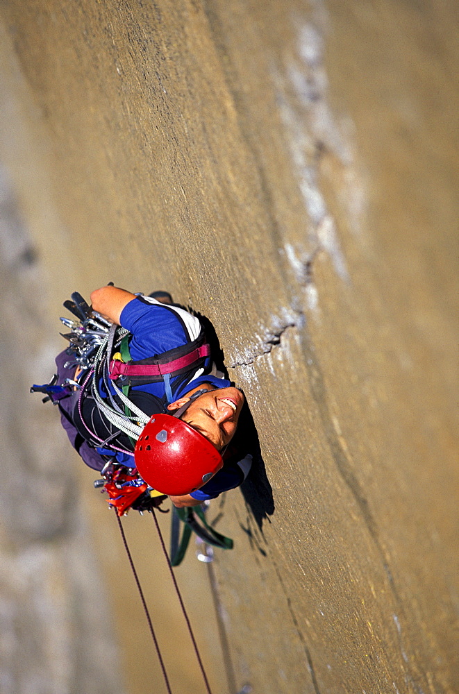 Chris McNamara climbing The Shield on El Capitan in Yosemite National Park, California.